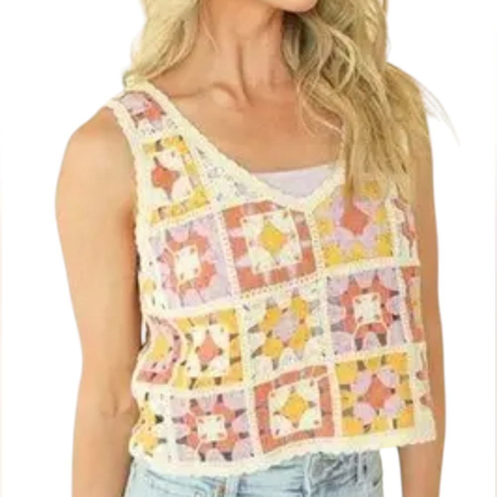 Rebellion New Again Crochet Patchwork Tank Small Boho Granny Square Pastel